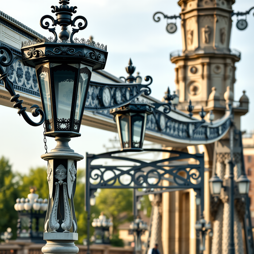 Kunstvolle Eisenverzierungen und Laternen auf einer historischen Brücke im Jugendstil