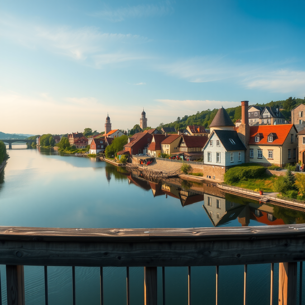 Panoramablick von einer Brücke auf einen malerischen Fluss mit traditionellen Häusern am Ufer