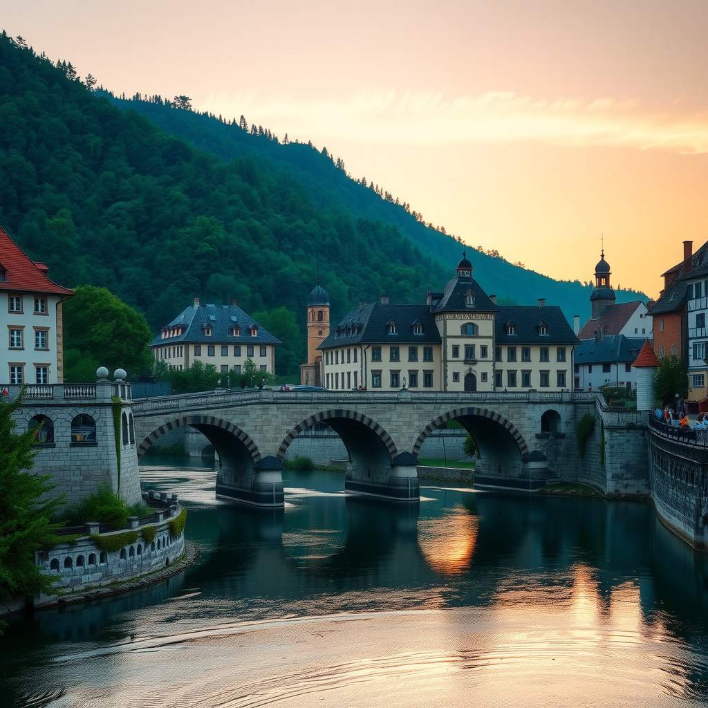 Majestätische historische deutsche Brücke mit Steinbögen über einem ruhigen Fluss bei Sonnenuntergang, umgeben von grünen Hügeln und traditioneller Architektur