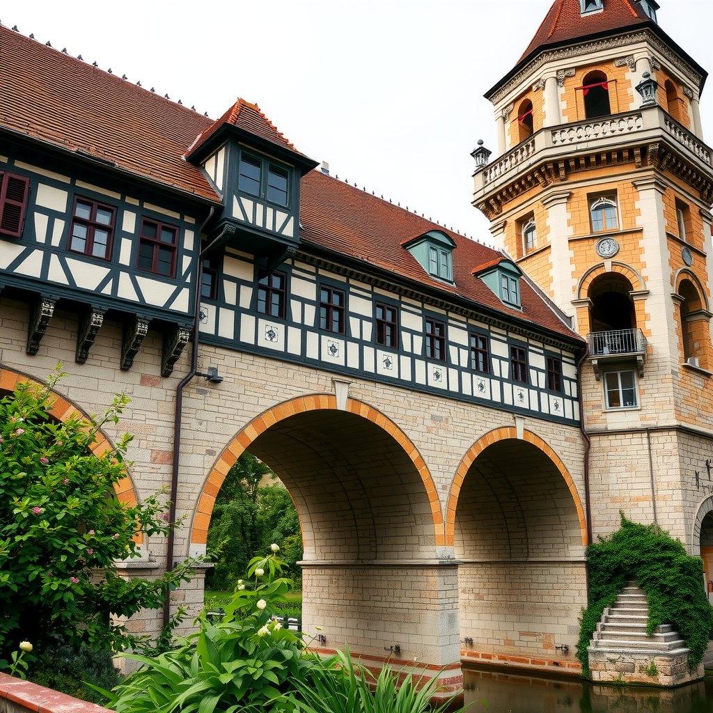 Historische deutsche Brückenarchitektur mit kunstvollen Steinbögen und traditionellem Design, umgeben von grüner Landschaft