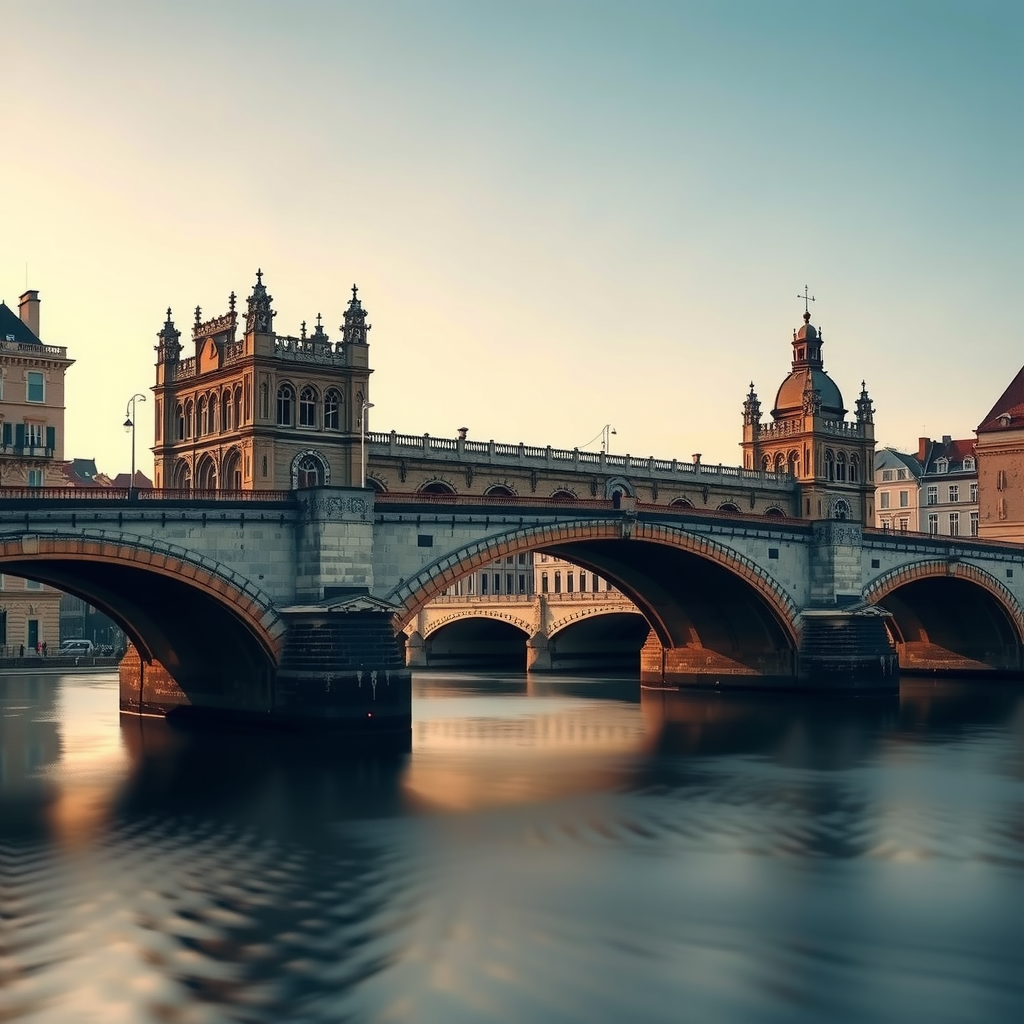 Majestätische gotische Brücke mit charakteristischen Steinbögen über einem ruhigen Fluss, umgeben von historischer Stadtarchitektur bei goldenem Abendlicht