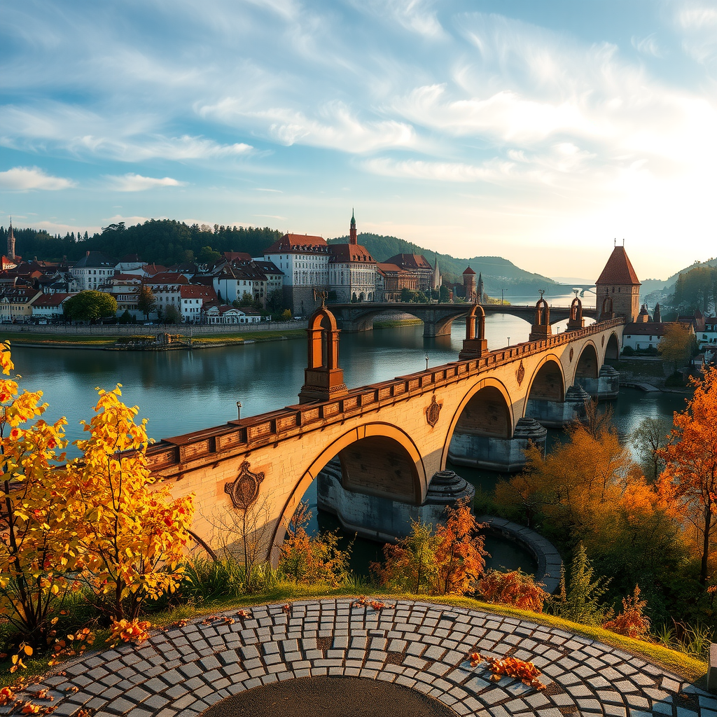 Panoramablick auf die historische deutsche Brücke über den Fluss mit mittelalterlicher Stadt im Hintergrund, Kopfsteinpflasterweg im Vordergrund, Herbstlaub und goldenes Abendlicht