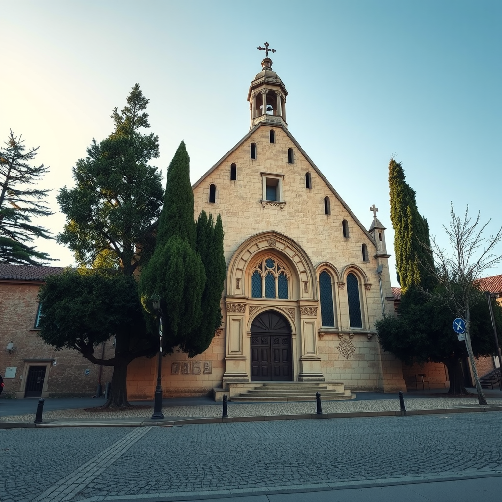 Außenansicht einer mittelalterlichen Kapelle aus dem 14. Jahrhundert mit gotischen Spitzbögen, verwittertem Sandstein und einem kleinen Glockenturm, umgeben von alten Bäumen und Kopfsteinpflaster