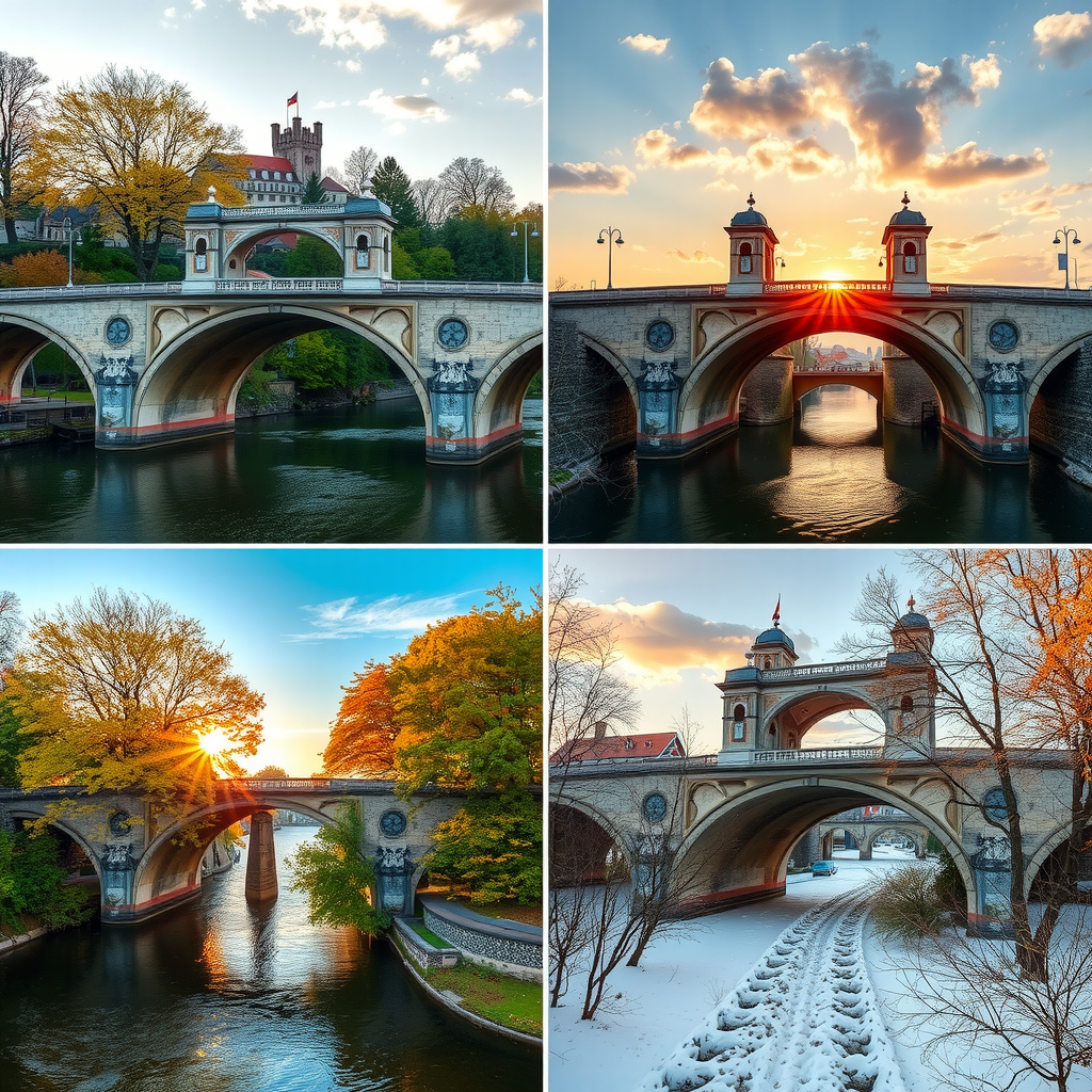 Professionelle Fotografie der historischen deutschen Brücke in allen vier Jahreszeiten - Frühling mit blühenden Bäumen, Sommer mit goldenem Sonnenuntergang, Herbst mit buntem Laub und Winter mit Schnee