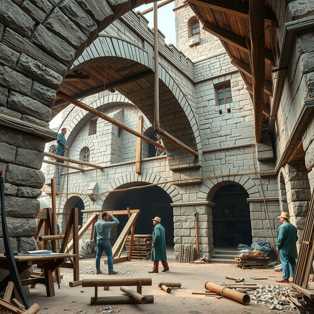 Historische Darstellung der mittelalterlichen Brückenkonstruktion mit Steinmetzen und Handwerkern bei der Arbeit an den massiven Steinbögen, umgeben von Gerüsten aus Holz und traditionellen Werkzeugen