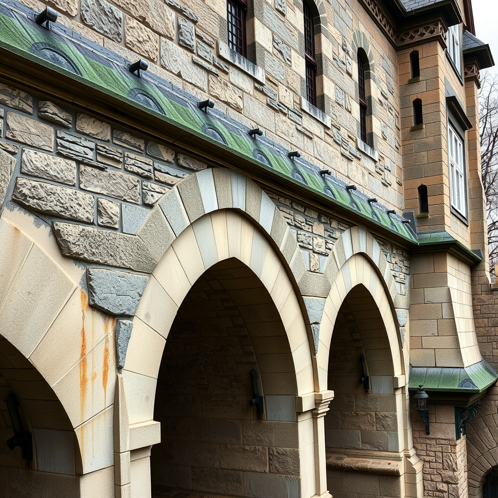 Detailaufnahme der kunstvollen Steinmetzarbeiten und architektonischen Details einer historischen deutschen Brücke mit gotischen Bögen und verwitterten Steinen