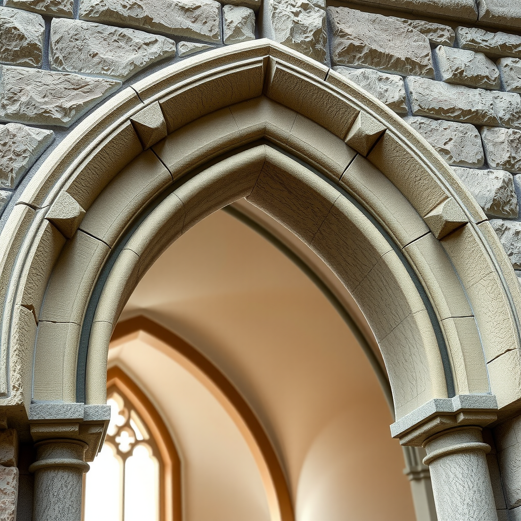 Nahaufnahme eines gotischen Steinbogens mit sichtbaren Fugen und präziser Steinmetzarbeit, die die handwerkliche Meisterschaft zeigt