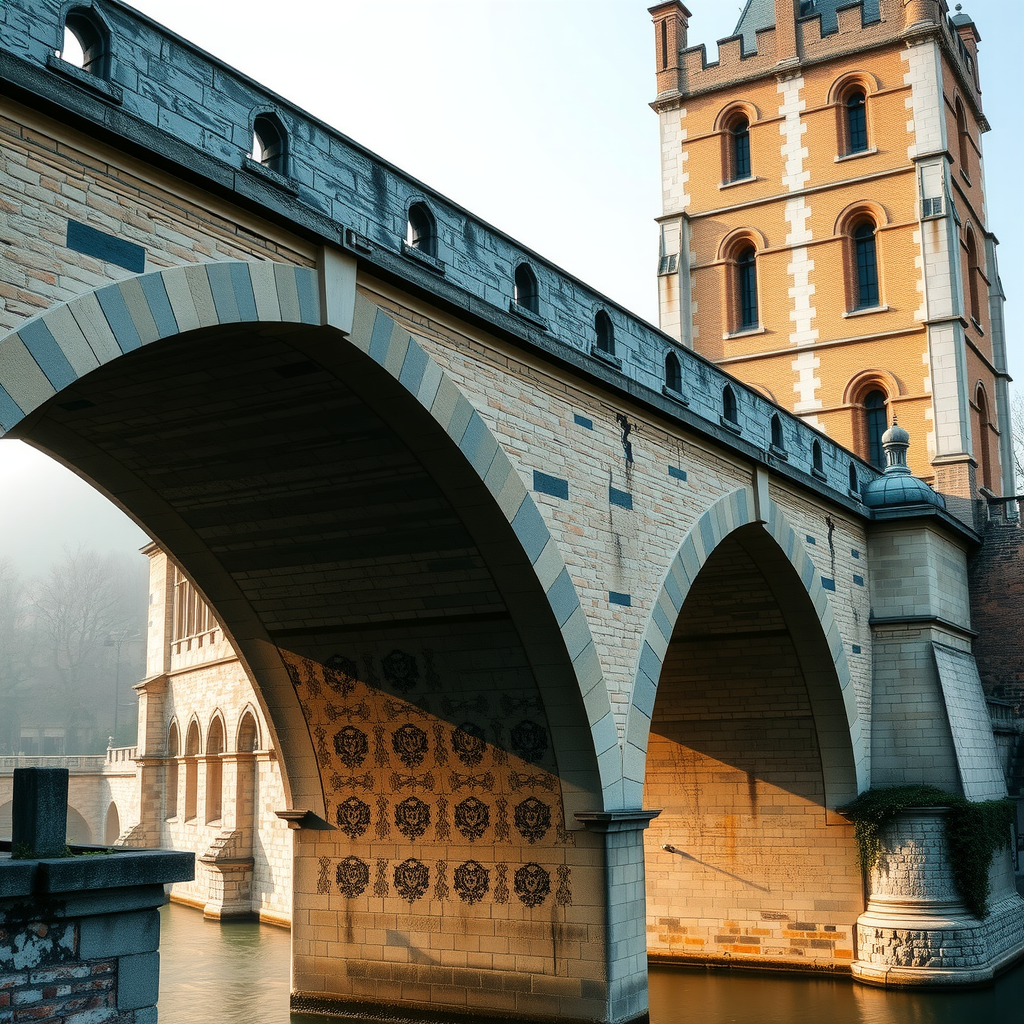 Nahaufnahme der historischen Steinbrücke mit gotischen Bögen, verwittertem Mauerwerk, Morgennebel über dem Fluss und detaillierter mittelalterlicher Architektur