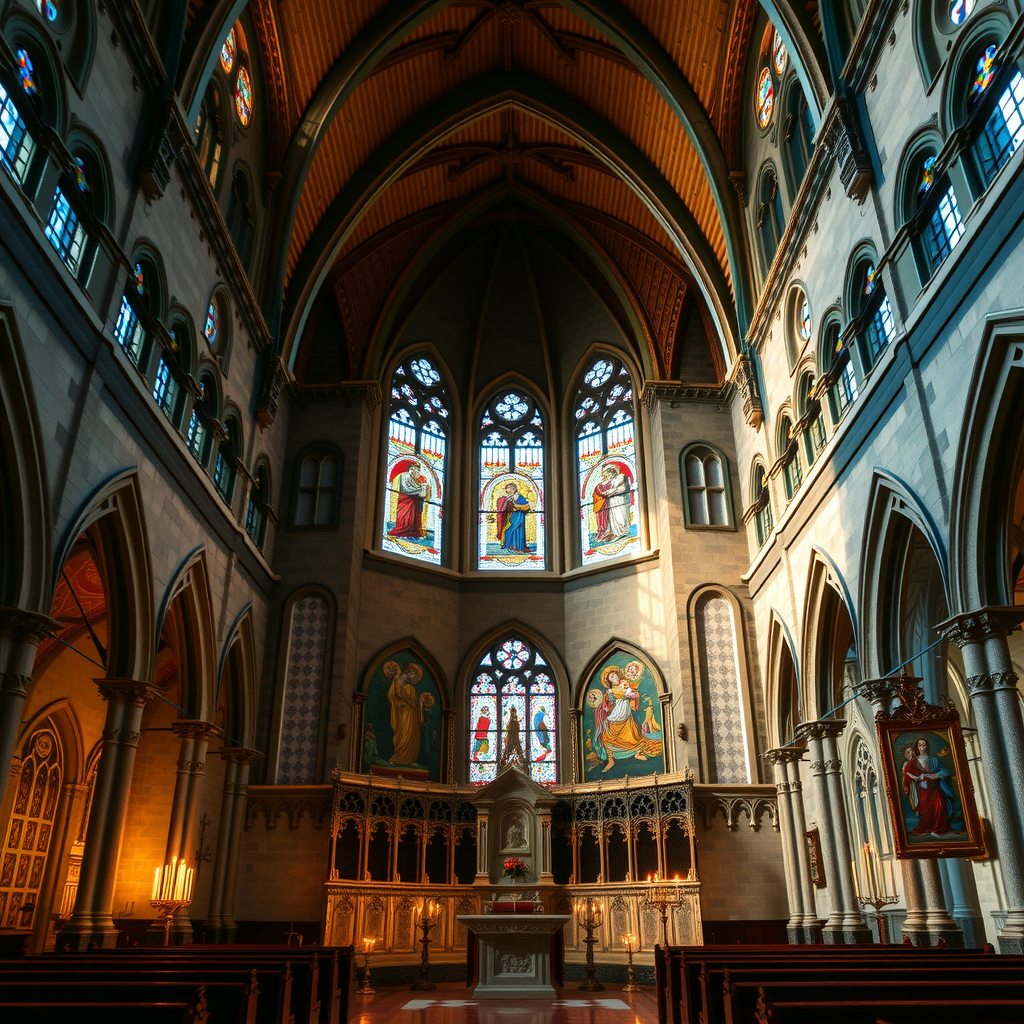 Innenraum der St. Nikolaus-Kapelle mit gotischen Rippengewölben, bunten Glasfenstern aus dem 14. Jahrhundert, einem schlichten Steinaltar und flackernden Kerzen, die warmes Licht auf die alten Fresken werfen