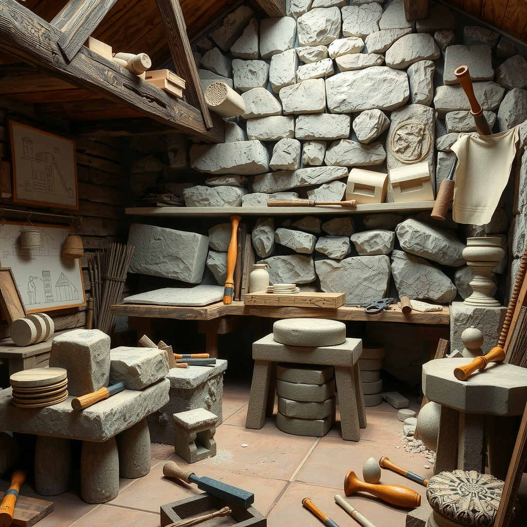 Mittelalterliche Steinmetzwerkstatt mit Handwerkern, die sorgfältig Steine behauen und formen, umgeben von traditionellen Werkzeugen, Meißeln und Hämmern, mit Skizzen und Bauplänen an den Wänden