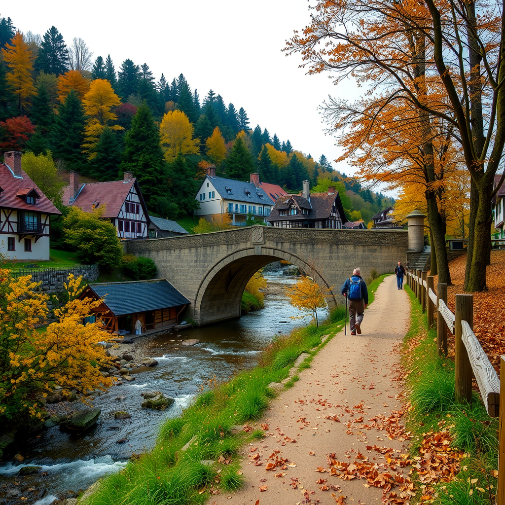 Malerischer Wanderweg entlang eines Flusses mit Blick auf eine historische Steinbrücke, umgeben von herbstlichem Laub und traditionellen Fachwerkhäusern