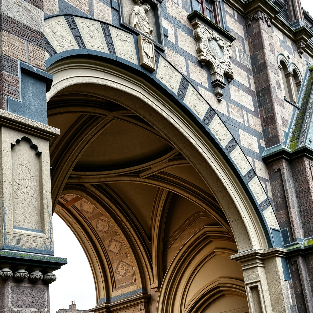 Detaillierte Aufnahme der gotischen Steinbögen und kunstvollen Schnitzereien der historischen deutschen Brücke, die die architektonische Meisterschaft des 14. Jahrhunderts zeigt