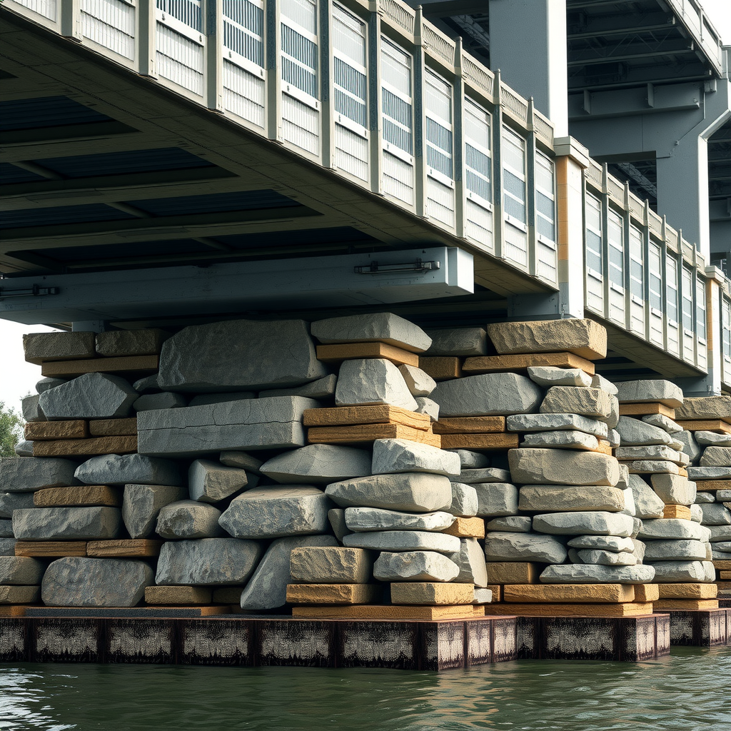 Detailansicht eines Brückenpfeilers mit massivem Fundament und Steinschichtung, die die strukturelle Stabilität demonstriert