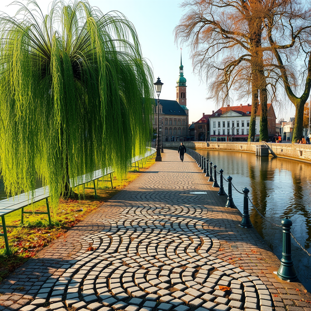 Malerischer Uferweg mit Kopfsteinpflaster, Weidenbäumen, historischen Gebäuden, die sich im ruhigen Wasser spiegeln, spazierende Menschen und Herbstfarben