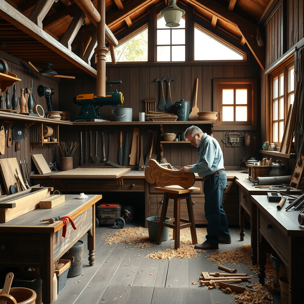 Traditionelle Handwerkswerkstatt mit Holzwerkbänken, antiken Werkzeugen an den Wänden, einem Meister bei der Arbeit an einem kunstvollen Holzschnitzwerk, warmes Licht durch große Fenster, Holzspäne auf dem Boden