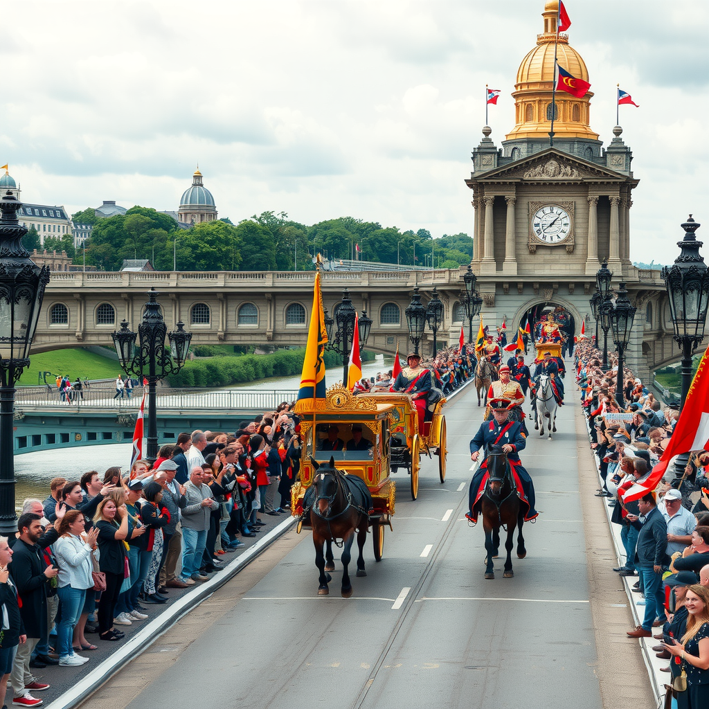 Prachtvolle königliche Prozession auf der historischen Brücke mit reich geschmückten Kutschen, Reitern in prächtigen Gewändern, wehenden Bannern und jubelnden Menschenmengen an beiden Ufern