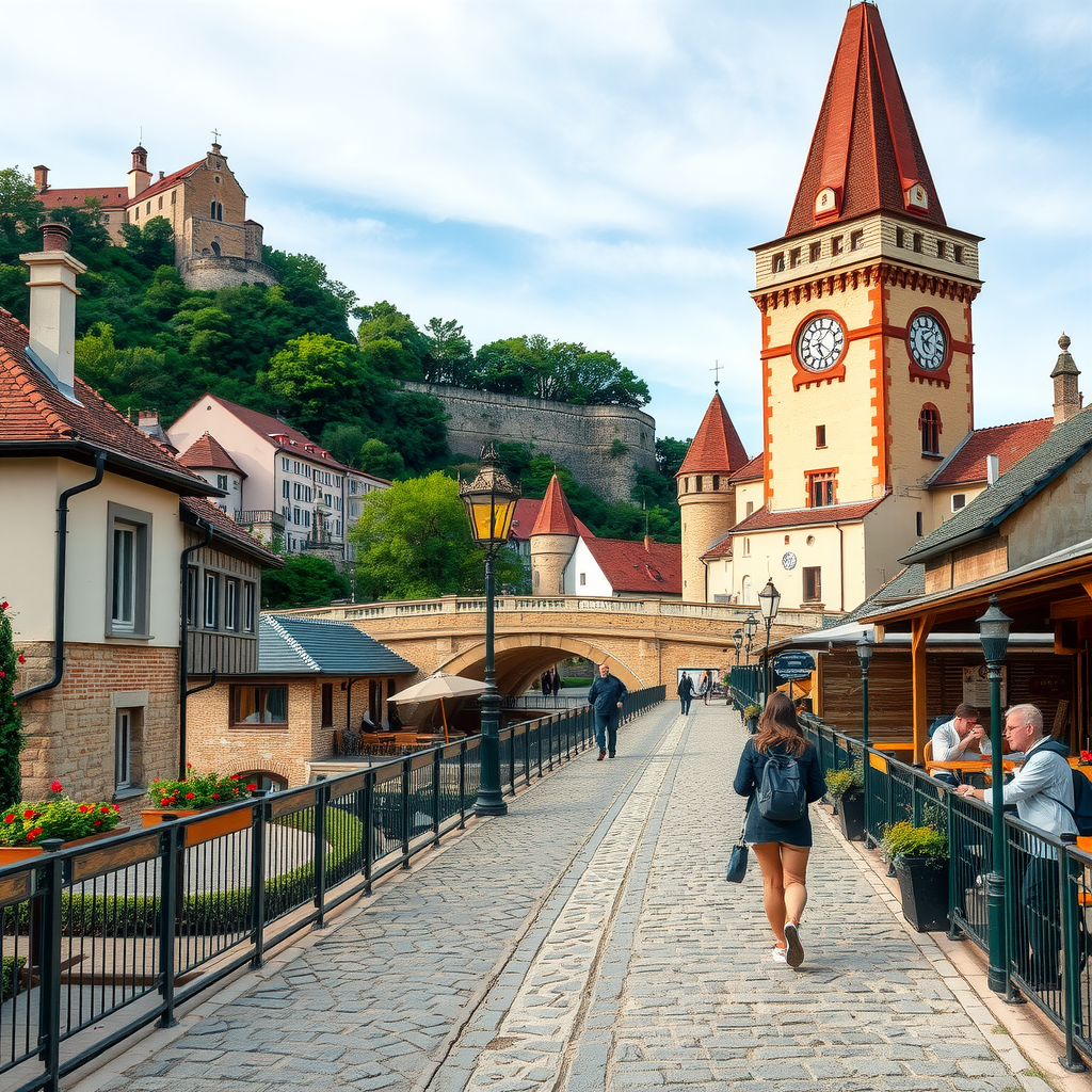 Malerischer 3-Kilometer-Wanderweg entlang der historischen Brücke mit Kopfsteinpflasterstraßen, mittelalterlichen Türmen und charmanten Flusscafés, perfekt für Fotografie und gemütliche Spaziergänge
