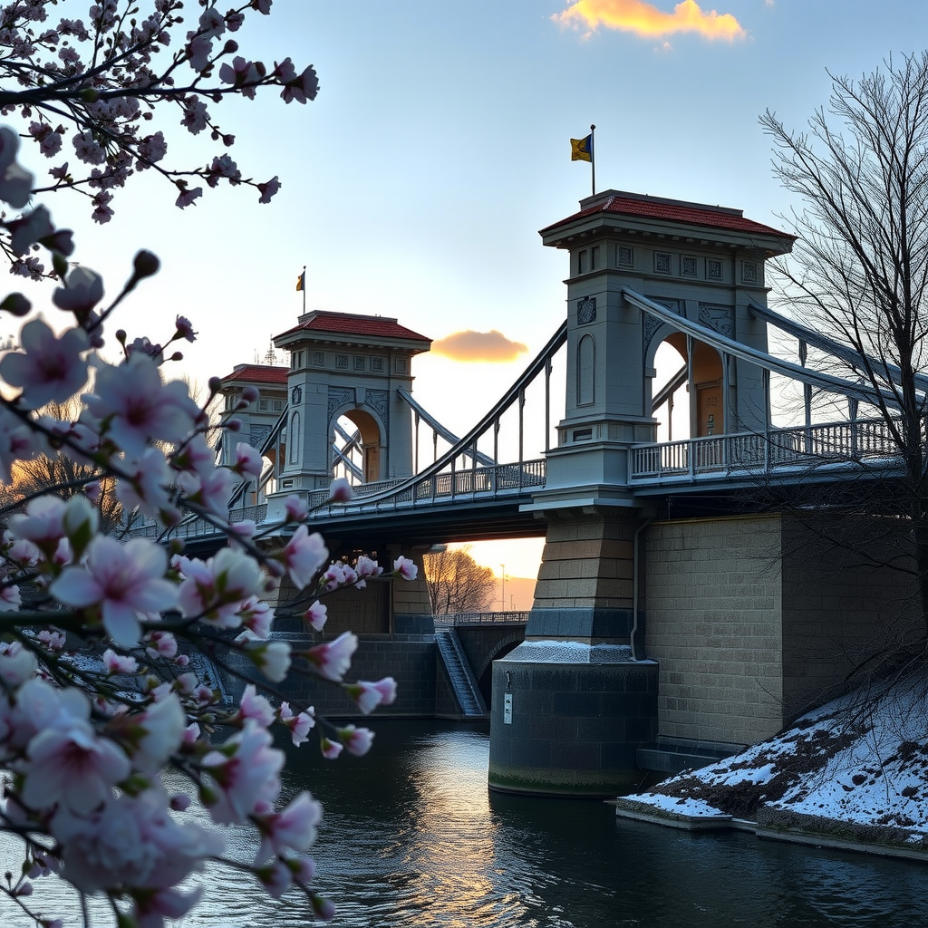 Professional photography guide showing the historic bridge in different seasons - spring blossoms, summer sunsets, autumn foliage, and winter snow with optimal camera angles and lighting