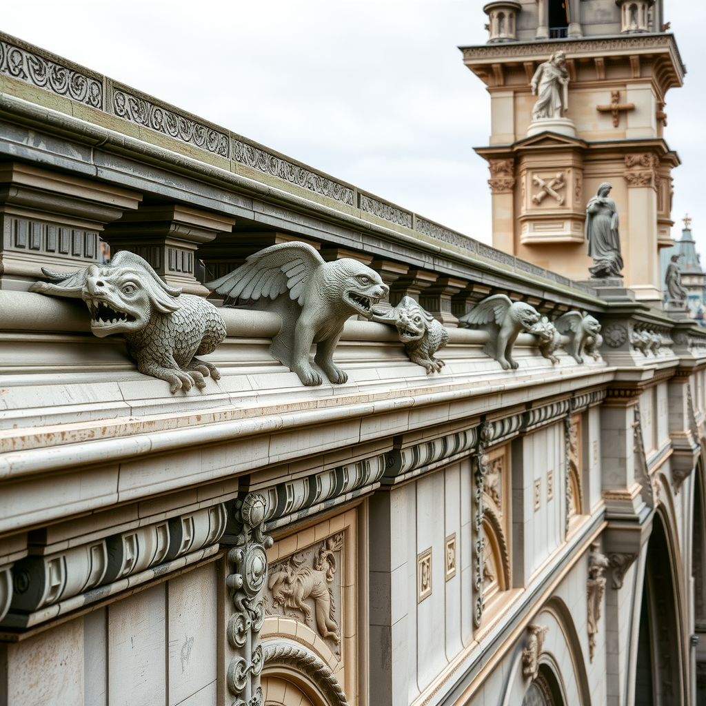 Kunstvolle Steinschnitzereien und Wasserspeier entlang der Brückenbrüstung mit gotischen Ornamenten und mythologischen Figuren