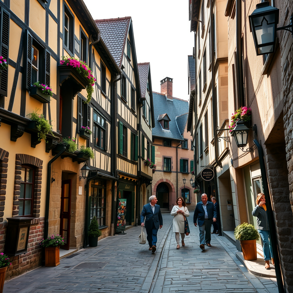 Enge mittelalterliche Kopfsteinpflasterstraße mit Fachwerkhäusern, Blumenkästen, hängenden Laternen, spazierende Menschen und warmes Nachmittagslicht
