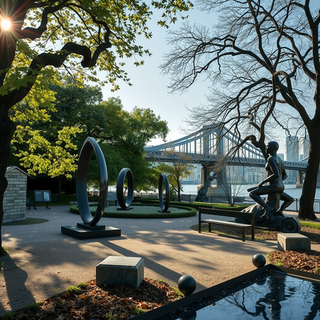 Malerischer Skulpturengarten am Flussufer mit modernen Metallskulpturen und Steinarbeiten zwischen alten Bäumen, die DeBridge im Hintergrund, Kieswege, Sitzbänke, Sonnenlicht durch Blätter filternd, Fluss im Vordergrund