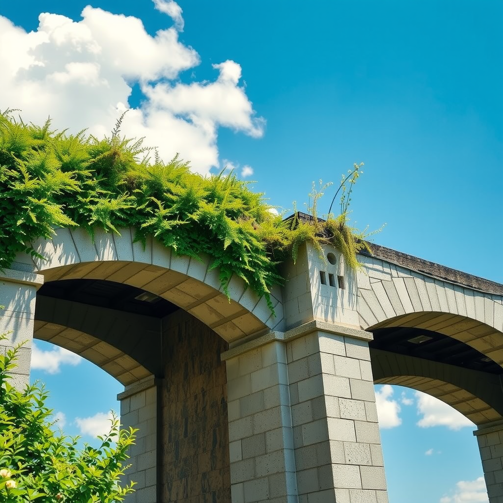 Sommerliche Detailaufnahme der Brückenarchitektur bei Tageslicht, satte grüne Vegetation, klare Textur der Steinsteine, blauer Himmel mit weißen Wolken, lebendige Farben und scharfe Details