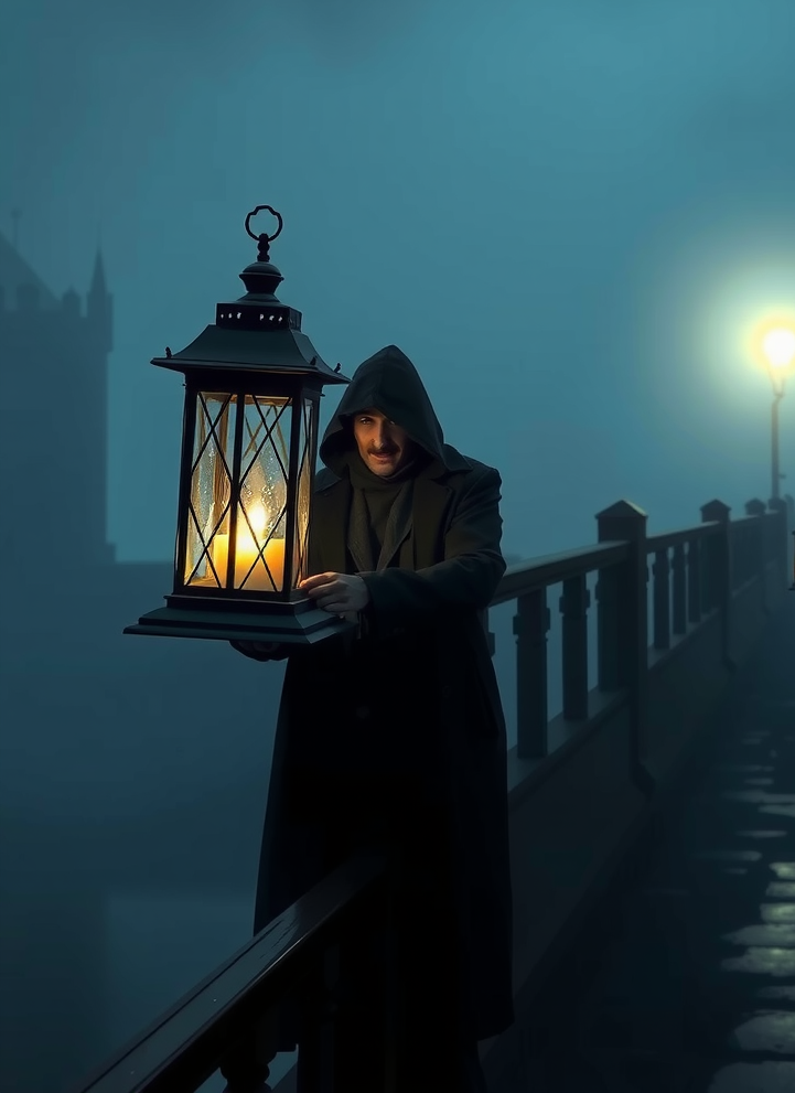 Mysteriöse Gestalt eines alten Brückenwächters mit Laterne in nebligen Nachtstunden auf der historischen Brücke, umgeben von sanftem Nebel und dem Schein der Laterne, der die alten Steine beleuchtet