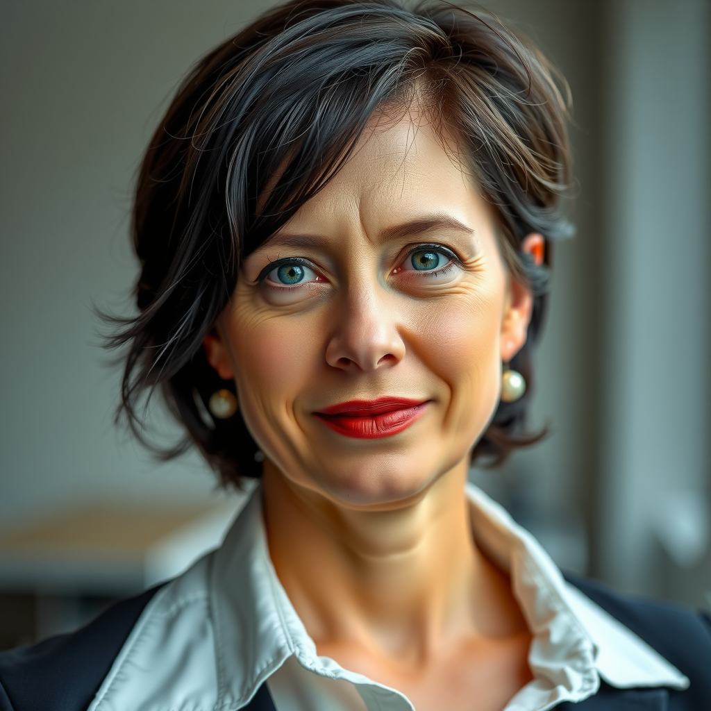 Porträt von Sabine Krüger, Architektin mit kurzen dunklen Haaren und professionellem Auftreten