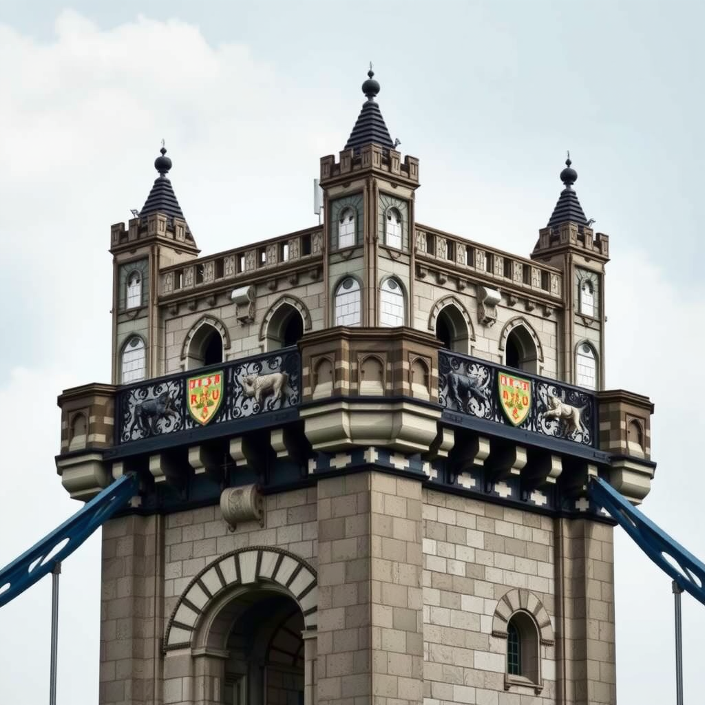 Mittelalterlicher Brückenturm mit gotischen Spitzbögen, Zinnen und Wappen, der die Verbindung von Verteidigung und Ästhetik zeigt