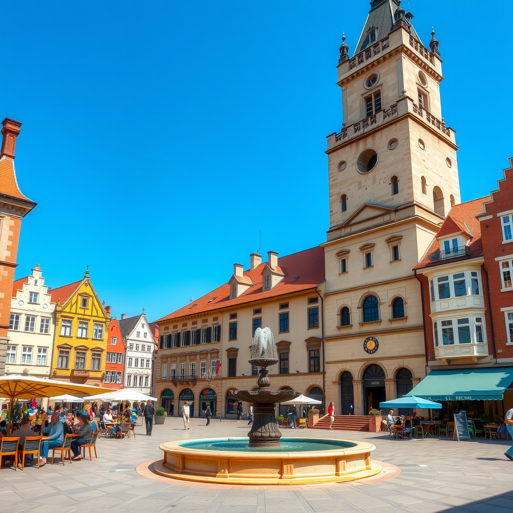 Historischer Marktplatz mit mittelalterlichem Rathausturm, Straßencafés, Brunnen, sitzende Menschen, bunte Fassaden und blauer Himmel