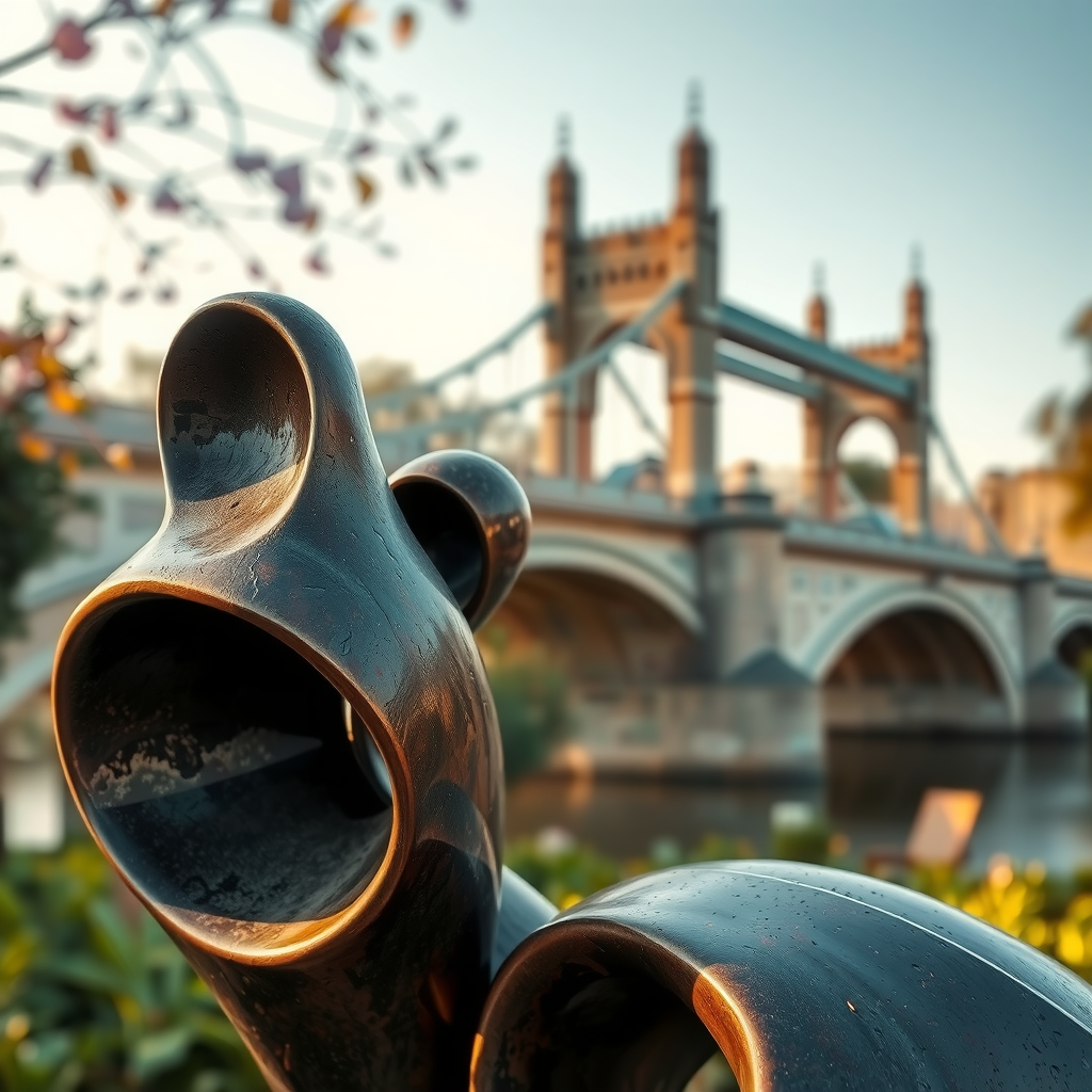 Nahaufnahme einer modernen Bronzeskulptur im Garten, abstrakte organische Formen, Patina-Oberfläche, mit der historischen Brücke verschwommen im Hintergrund, goldenes Nachmittagslicht