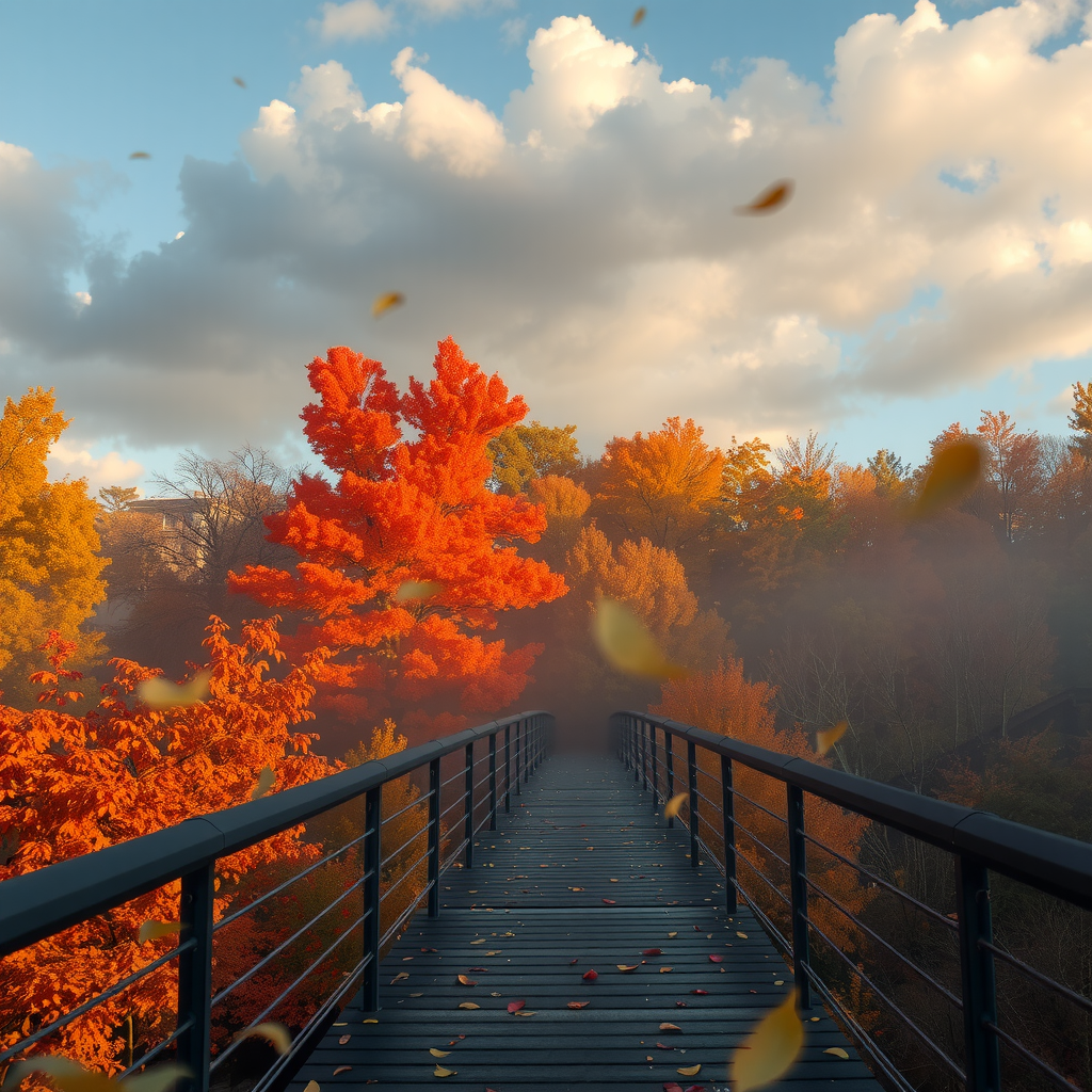 Herbstliche Brückenansicht umgeben von leuchtend buntem Laub in Orange, Rot und Gelb, neblige Morgenstimmung, warmes Licht, fallende Blätter, dramatische Wolkenformation am Himmel
