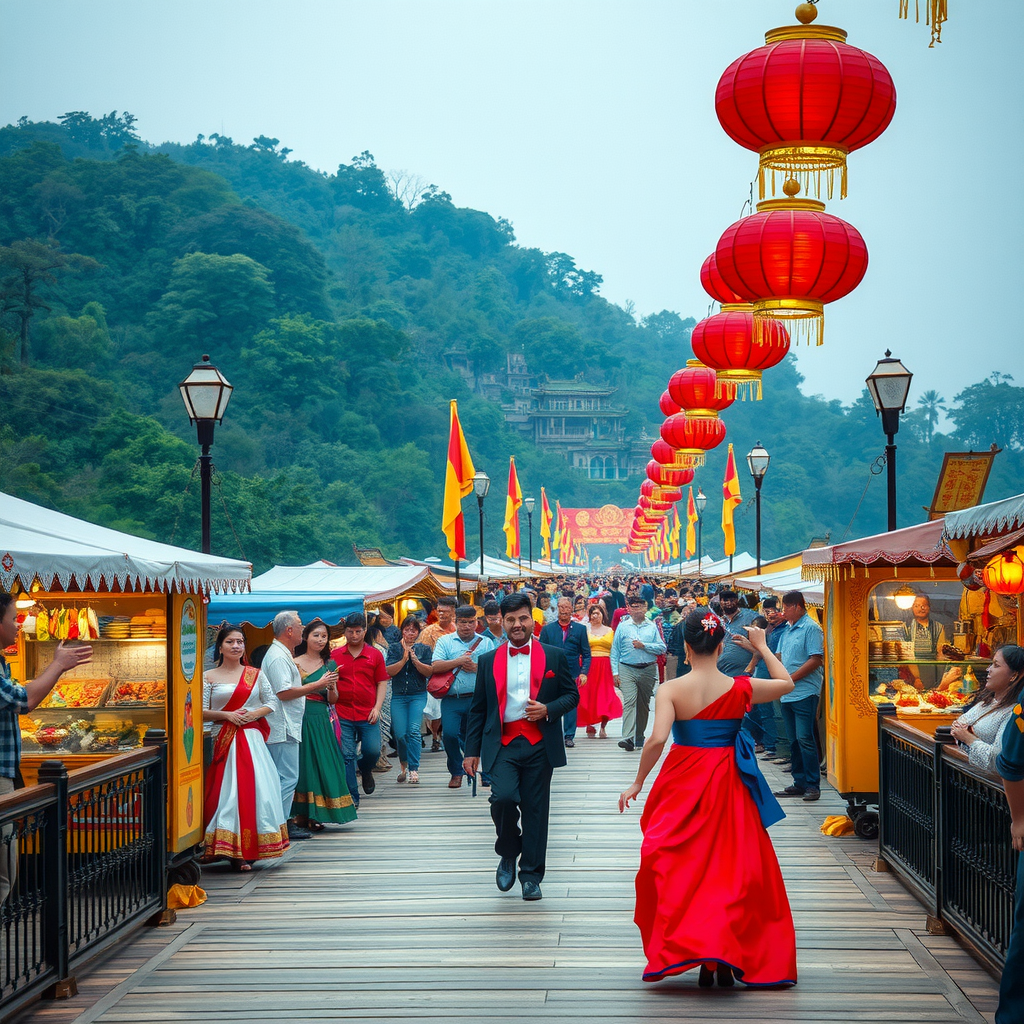 Lebhaftes traditionelles Brückenfest mit fröhlichen Menschen in historischen Trachten, bunten Ständen, Musikern, tanzenden Paaren und festlicher Dekoration entlang der gesamten Brücke