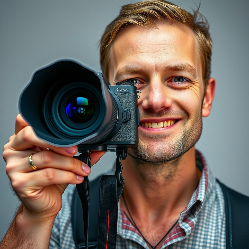 Porträt von Thomas Weber, Fotograf mit Kamera und freundlichem Gesichtsausdruck