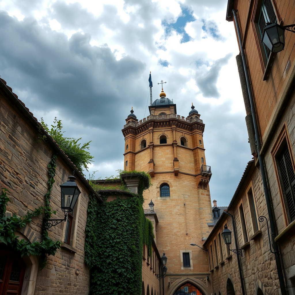 Mittelalterlicher Wehrturm mit Steinmauern, enge Straße, efeubedeckte Wände, historische Laternen und dramatische Wolken