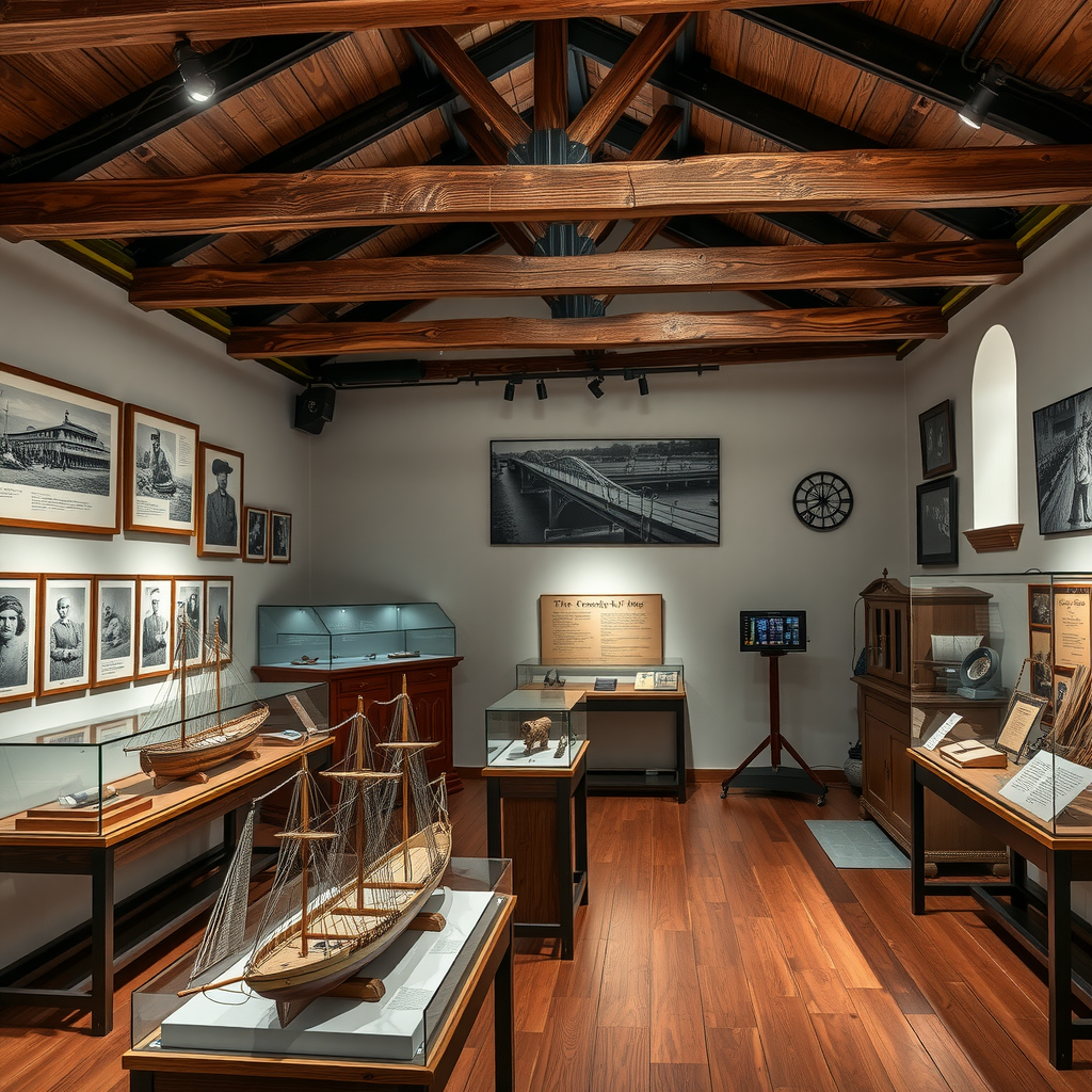 Museumsraum im alten Zollhaus mit historischen Exponaten, Modellen der Brücke in verschiedenen Bauphasen, alte Fotografien an den Wänden, Vitrinen mit Werkzeugen und Dokumenten, rustikale Holzbalkendecke