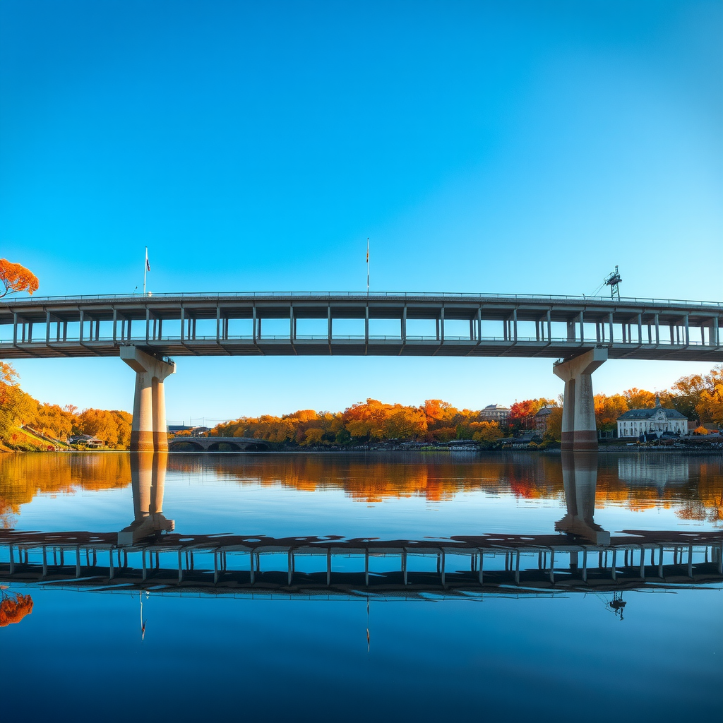 Herbstliche Spiegelung der Brücke im ruhigen Wasser, perfekte Symmetrie, buntes Laub am Ufer, klarer blauer Himmel, warmes Nachmittagslicht, scharfe Details in Wasser und Architektur