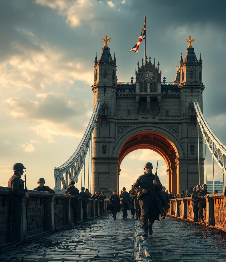 Historische Szene der Brücke während Kriegszeiten mit Soldaten, Verteidigungsanlagen und dramatischem Himmel, die die Widerstandsfähigkeit und strategische Bedeutung des Bauwerks zeigt