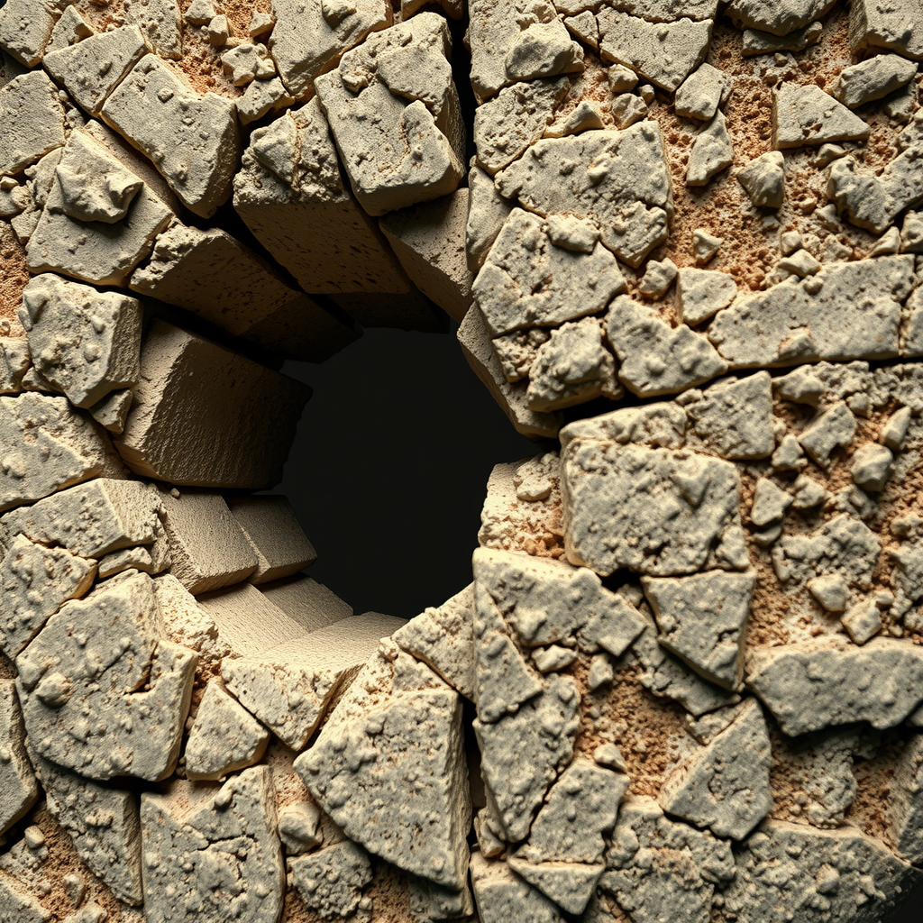 Detailansicht einer mittelalterlichen Mörtelfuge mit charakteristischer Textur und Zusammensetzung