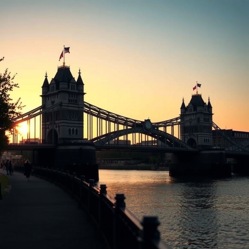 Sonnenuntergangsblick auf die historische Brücke vom Uferweg aus, goldenes Licht, Silhouetten von Menschen, Spiegelungen im Wasser und romantische Atmosphäre
