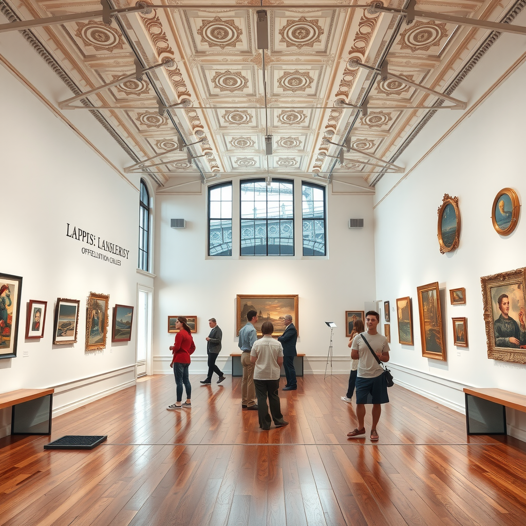 Eleganter Galerieraum in einem historischen Gebäude, weiße Wände mit zeitgenössischen Gemälden, Holzdielen, hohe Decken mit Stuck, große Fenster mit Blick auf die Brücke, Besucher beim Betrachten der Kunstwerke