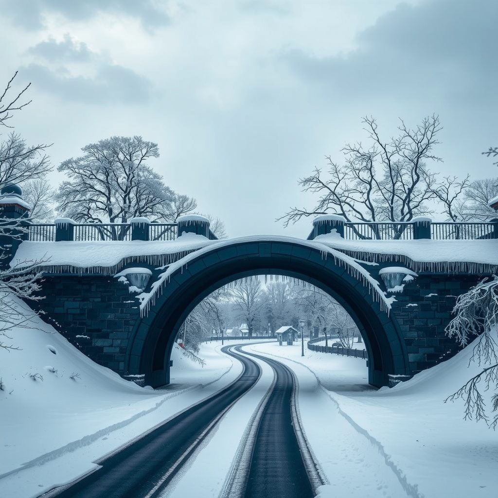 Winterliche Brückenansicht bedeckt mit Schnee, Eiszapfen an den Bögen, verschneite Landschaft, kahle Bäume mit Schnee, dramatischer grauer Himmel, kaltes blaues Licht, hoher Kontrast zwischen Schnee und dunklem Stein