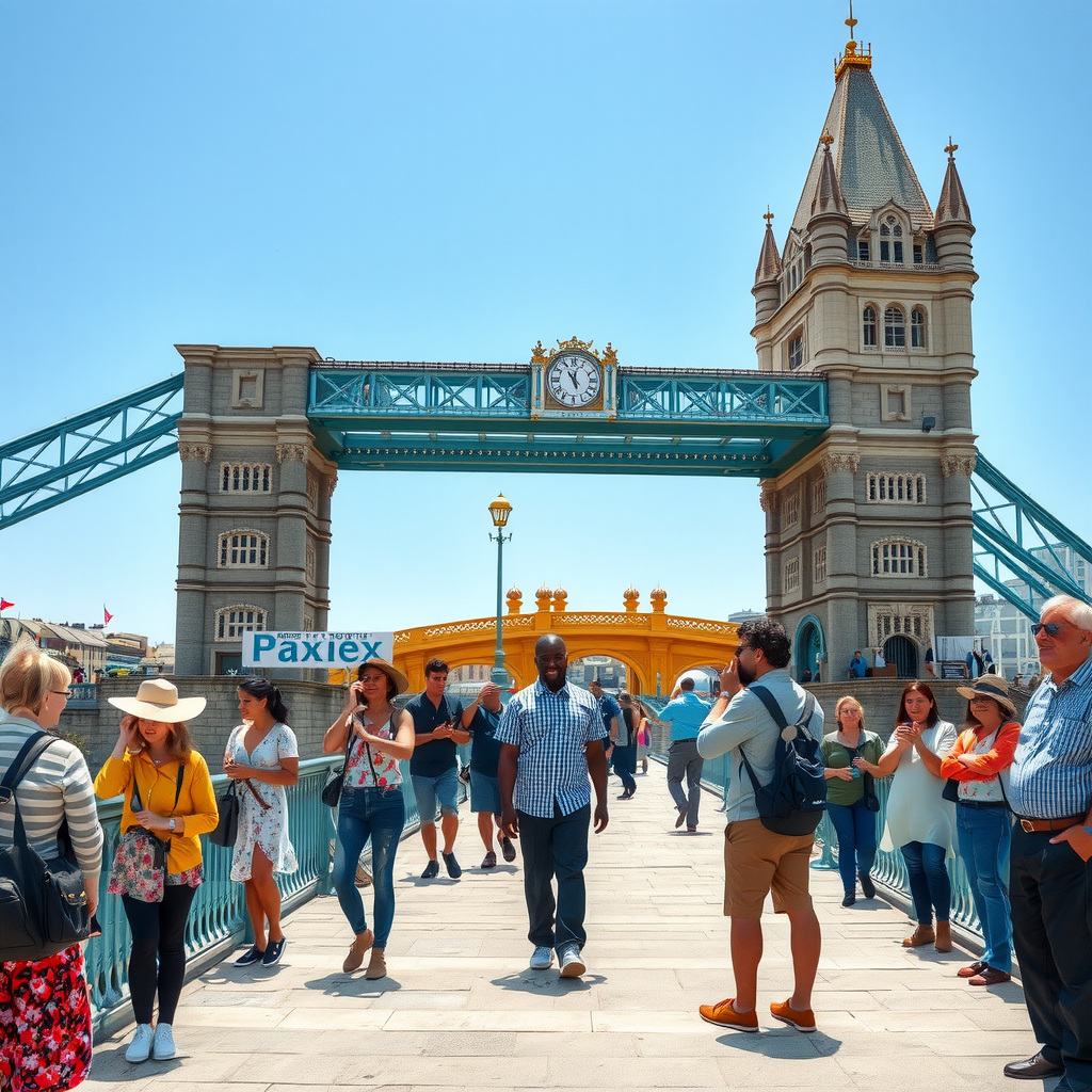 Moderne Szene der Brücke mit Touristen, Geschichtsführern, Familien und Fotografen, die das historische Monument besuchen und die Traditionen kennenlernen, bei strahlendem Sonnenschein