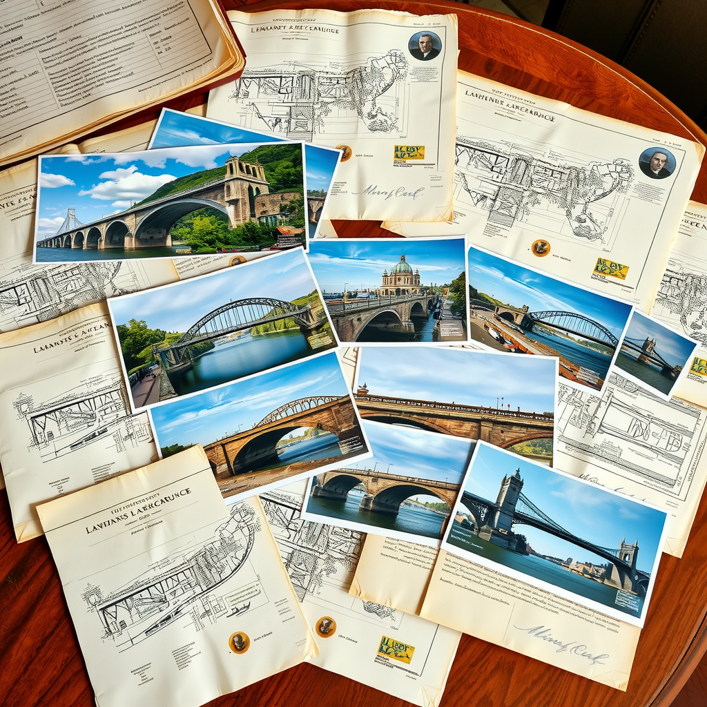 Alte historische Dokumente, Baupläne und Fotografien von deutschen Brücken aus verschiedenen Jahrhunderten auf einem Holztisch ausgebreitet