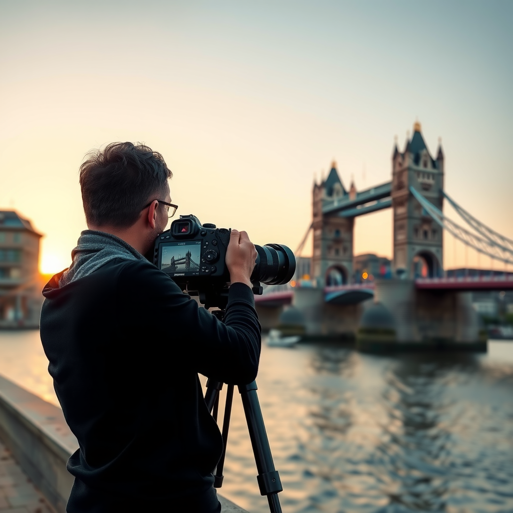 Fotograf macht Aufnahme der historischen Brücke zur goldenen Stunde, Stativ, malerische Komposition, warmes Licht und professionelle Fotografie-Szene