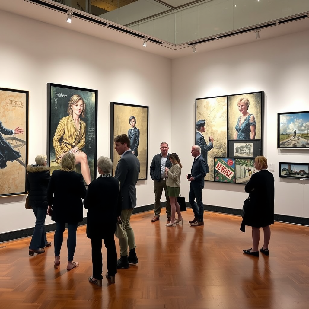 Kunstausstellung in der Galerie mit großformatigen Gemälden der DeBridge in verschiedenen Stilen, von realistisch bis abstrakt, Besucher im Gespräch, elegante Beleuchtung, Parkettboden