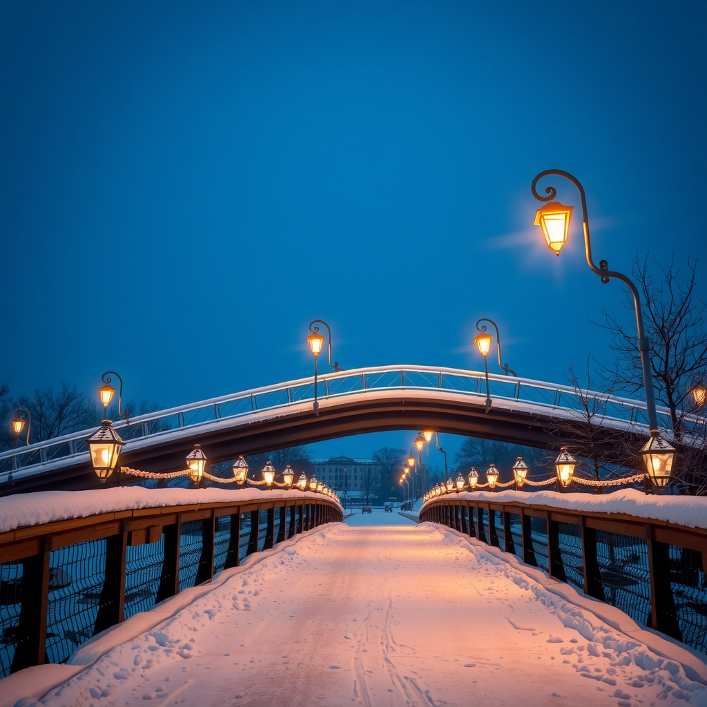 Winterabend an der Brücke mit Beleuchtung, blaue Stunde, warmes Licht von Laternen, Schnee auf der Brücke, dunkler blauer Himmel, lange Belichtung für weiche Lichter, romantische Atmosphäre