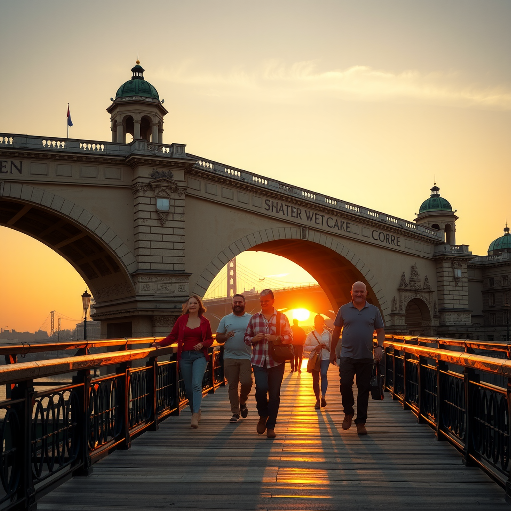 Malerische Sonnenuntergangsszene der historischen Brücke mit Menschen verschiedener Generationen, die gemeinsam über die Brücke spazieren, im warmen goldenen Licht der untergehenden Sonne