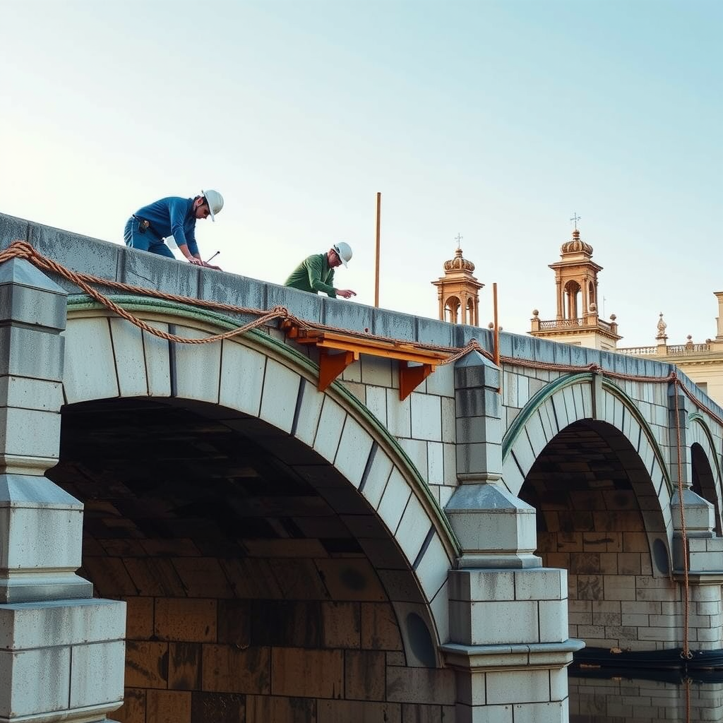 Restaurierungsarbeiten an der historischen Brücke mit Steinmetzen, die traditionelle Techniken anwenden, um beschädigte Elemente zu erneuern