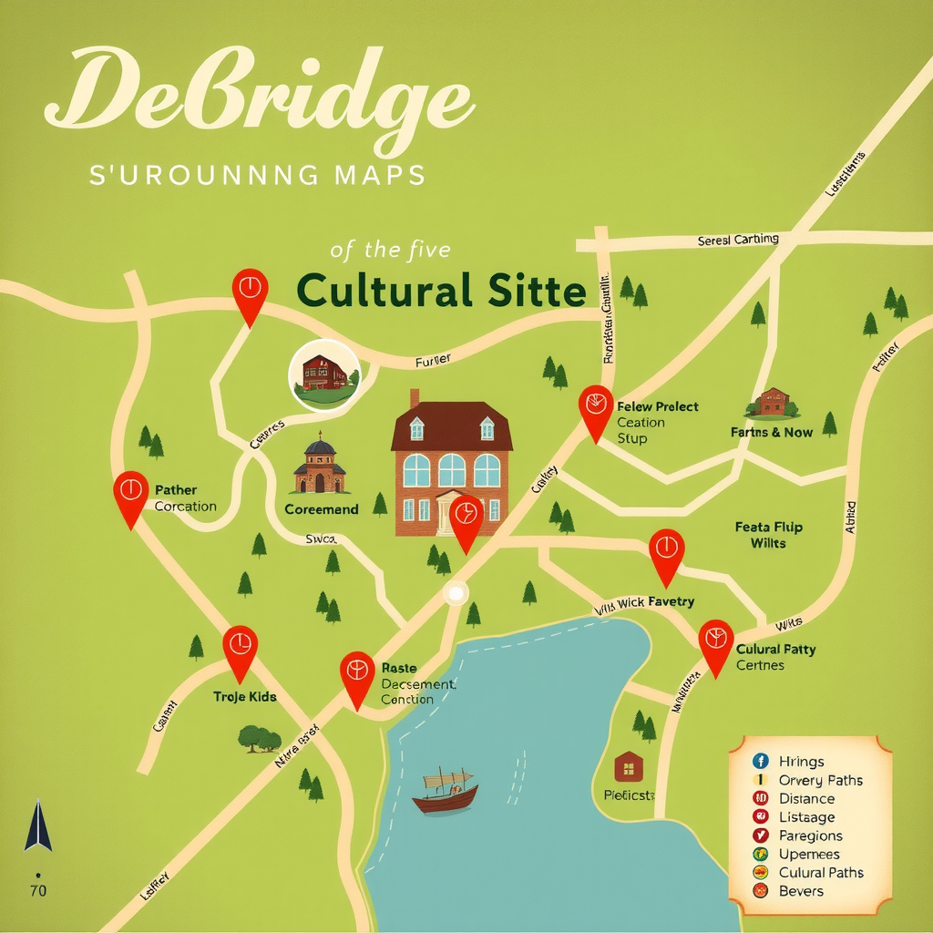 Illustrative Karte der Umgebung der DeBridge mit eingezeichneten Standorten aller fünf Kulturstätten, Gehwegen, Entfernungsangaben, kleinen Icons für jede Sehenswürdigkeit, im Vintage-Kartenstil